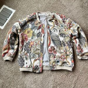 Crane Bird Floral Jacquard Bomber Jacket Cream Gold Oversized Statement